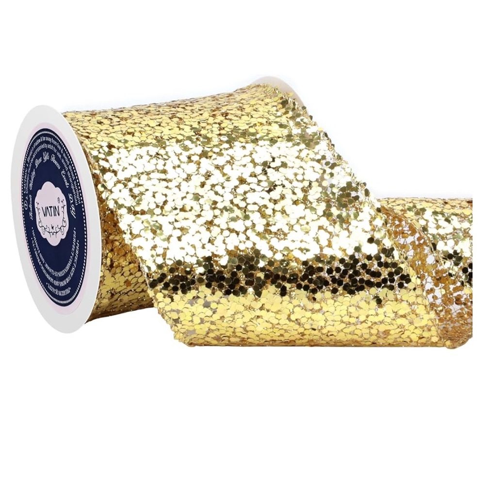VATIN Gold Glitter Wired Ribbon - 2.5 Inch x 10 Yard Diamond Mesh Sparkling